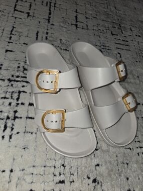 White Double-Buckle Slide Sandals with Gold Hardware